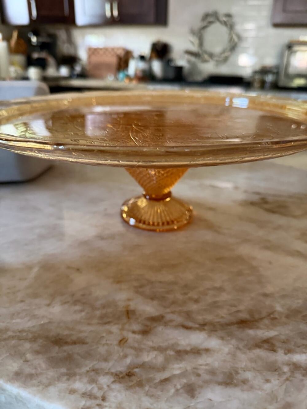 Vintage marigold carnival glass floral cake pedestal platter 13-1/2"